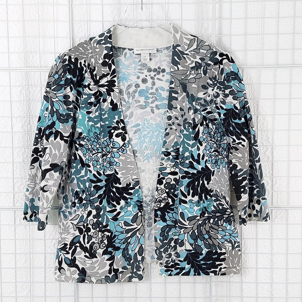 Christopher & Banks Graphic Floral Open Front 3/4 Sleeve Cotton Cardigan